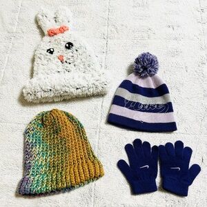 Girls Set Beanie Bundle 3 winter hats and 1 pair of Gloves. Bunny Easter